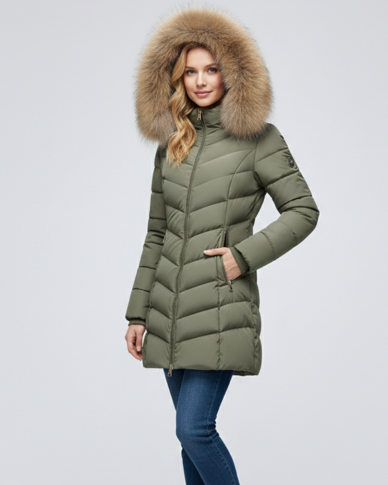 Women's Hooded Puffer Jacket | Chevron Quilted Faux Fur Collar - photo 4
