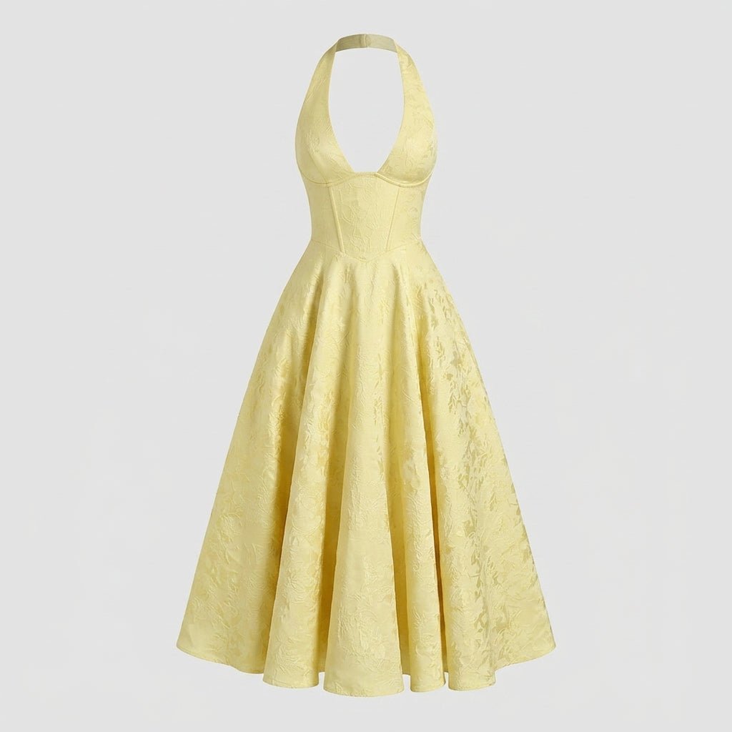 Women's Halter Neck Bow Deep V-Back Full A-Line Midi Dress Cocktail Formal
