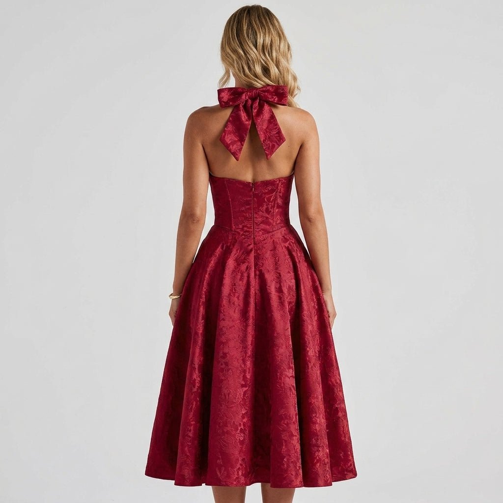 Women's Halter Neck Bow Deep V-Back Full A-Line Midi Dress Cocktail Formal