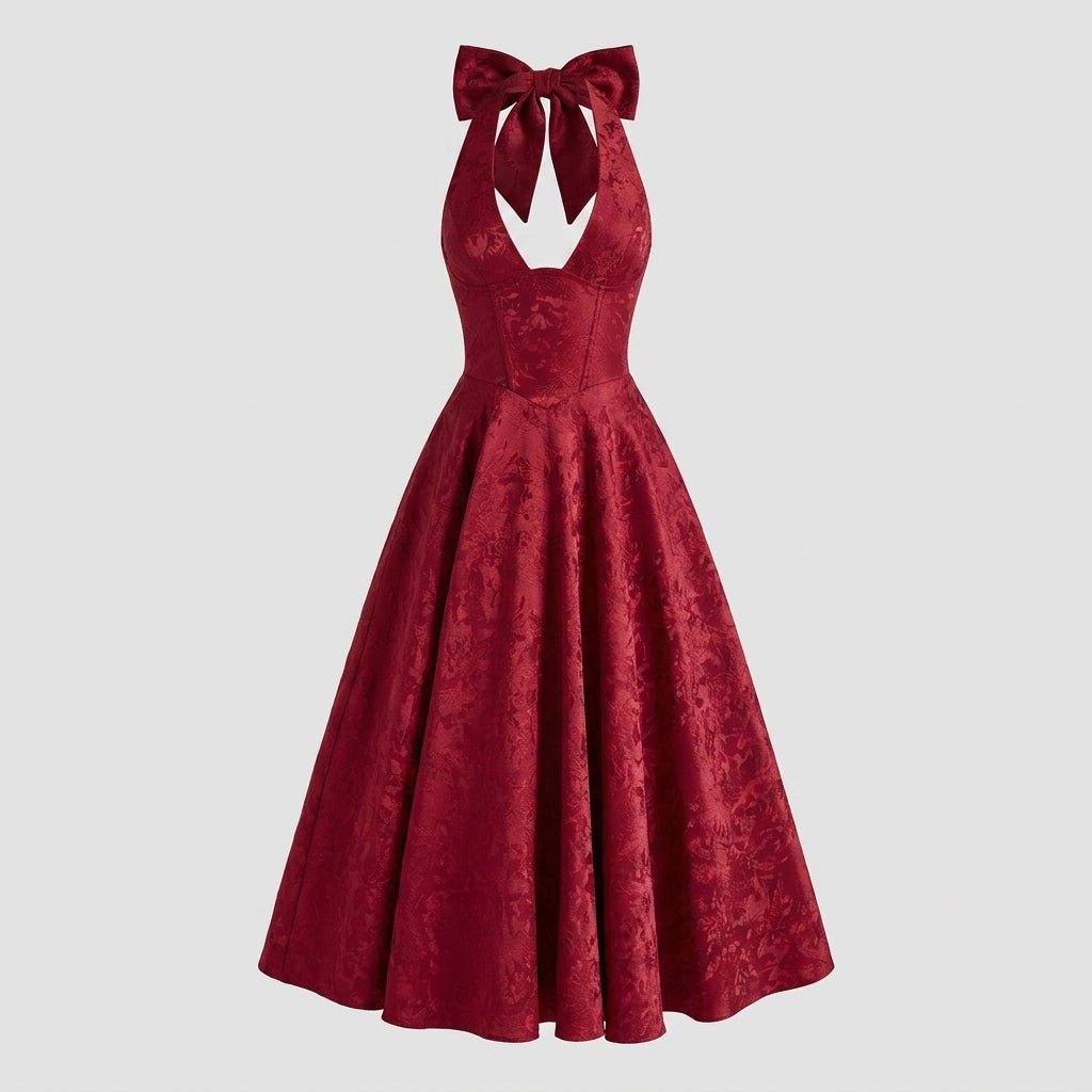 Women's Halter Neck Bow Deep V-Back Full A-Line Midi Dress Cocktail Formal