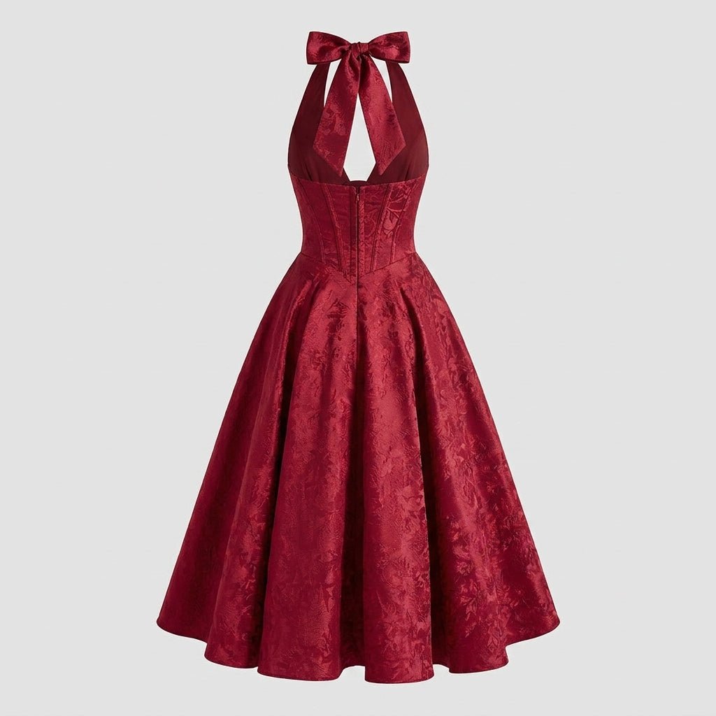 Women's Halter Neck Bow Deep V-Back Full A-Line Midi Dress Cocktail Formal