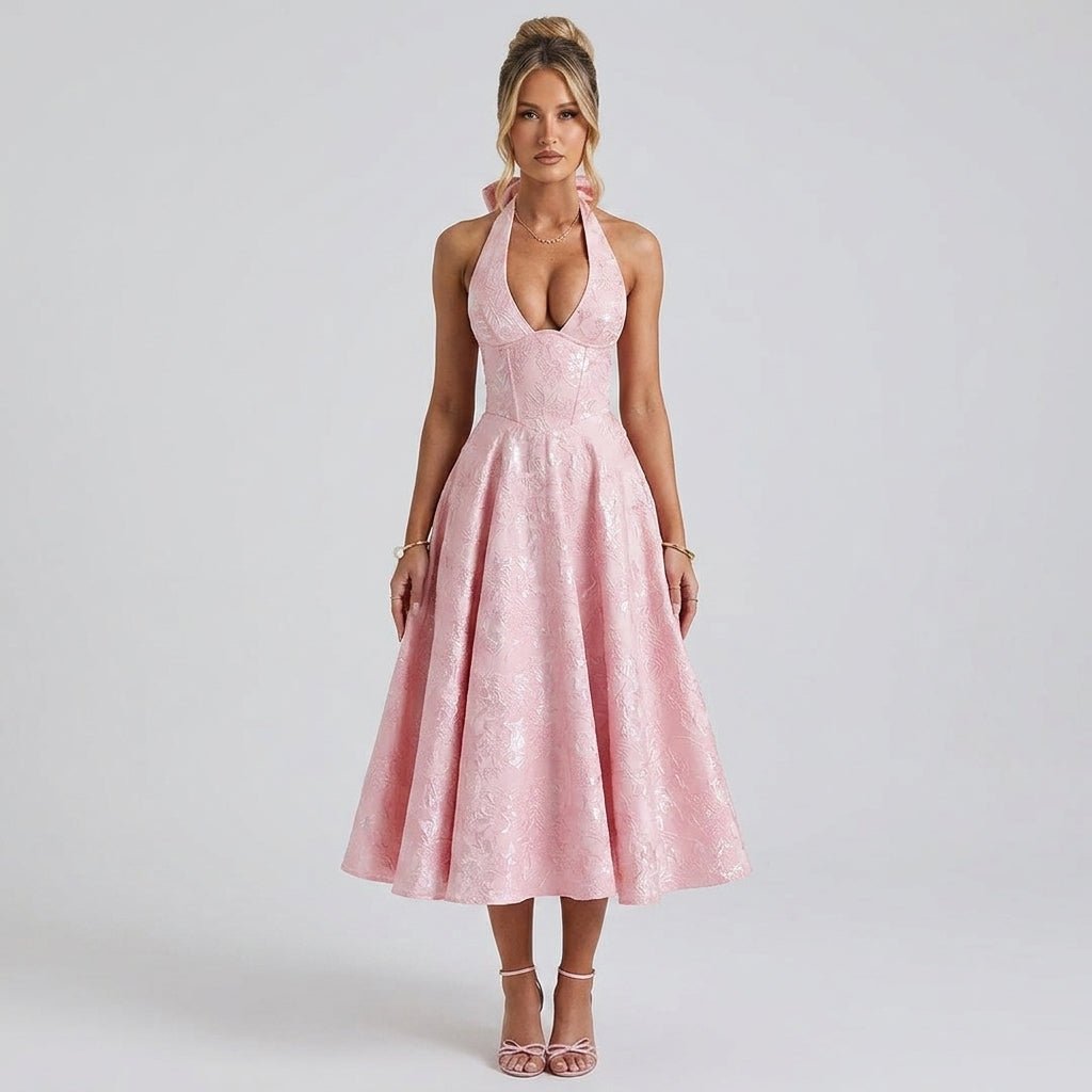 Women's Halter Neck Bow Deep V-Back Full A-Line Midi Dress Cocktail Formal