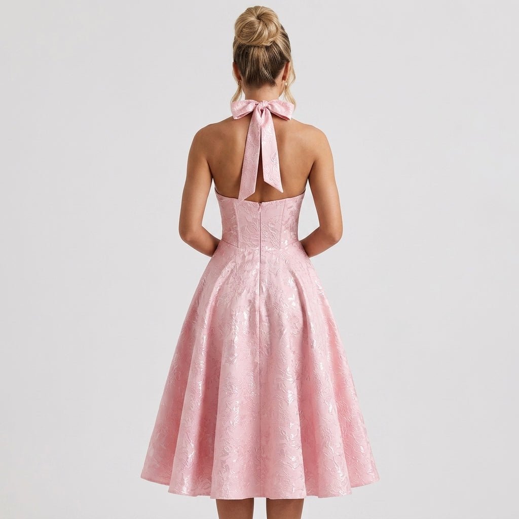 Women's Halter Neck Bow Deep V-Back Full A-Line Midi Dress Cocktail Formal