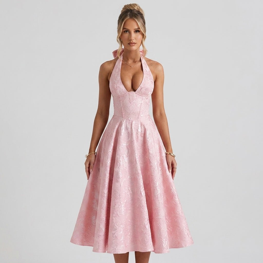 Women's Halter Neck Bow Deep V-Back Full A-Line Midi Dress Cocktail Formal