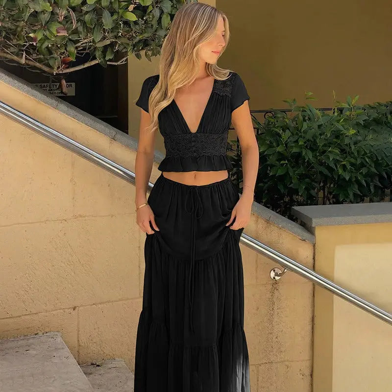 Women's Olive Lace Crop Top and Maxi Skirt Set | Elegant 2-Piece Outfit