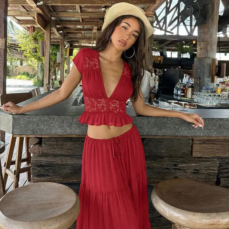 Women's Olive Lace Crop Top and Maxi Skirt Set | Elegant 2-Piece Outfit