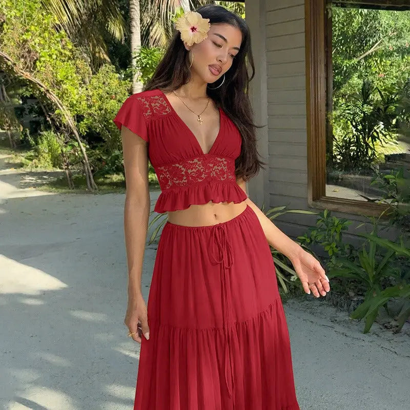 Women's Olive Lace Crop Top and Maxi Skirt Set | Elegant 2-Piece Outfit