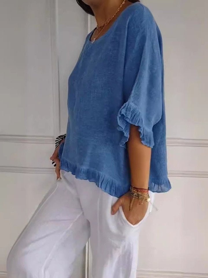 women's ruffle-hem short-sleeve blouse - back view