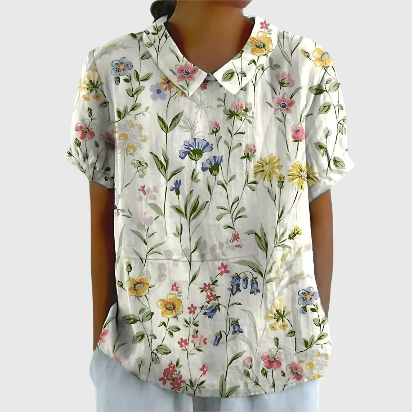Women's Linen Floral Print Short Sleeve Collared Blouse | Casual Summer Top