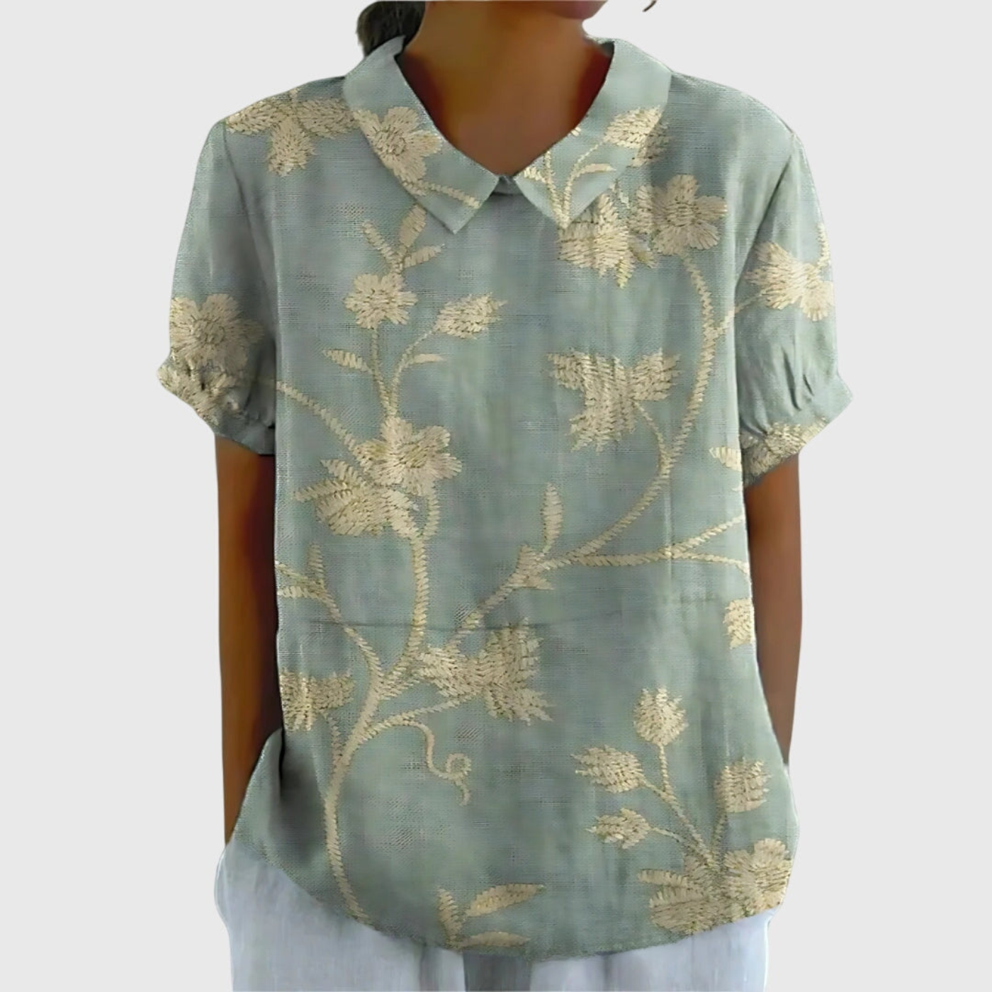 Women's Linen Floral Print Short Sleeve Collared Blouse | Casual Summer Top