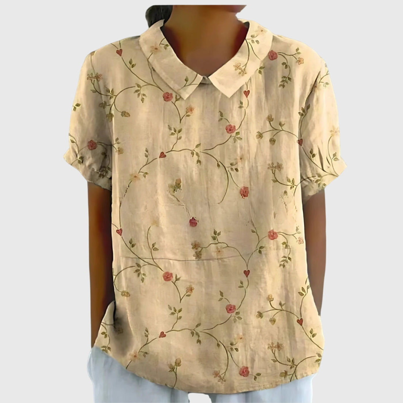 Women's Linen Floral Print Short Sleeve Collared Blouse | Casual Summer Top