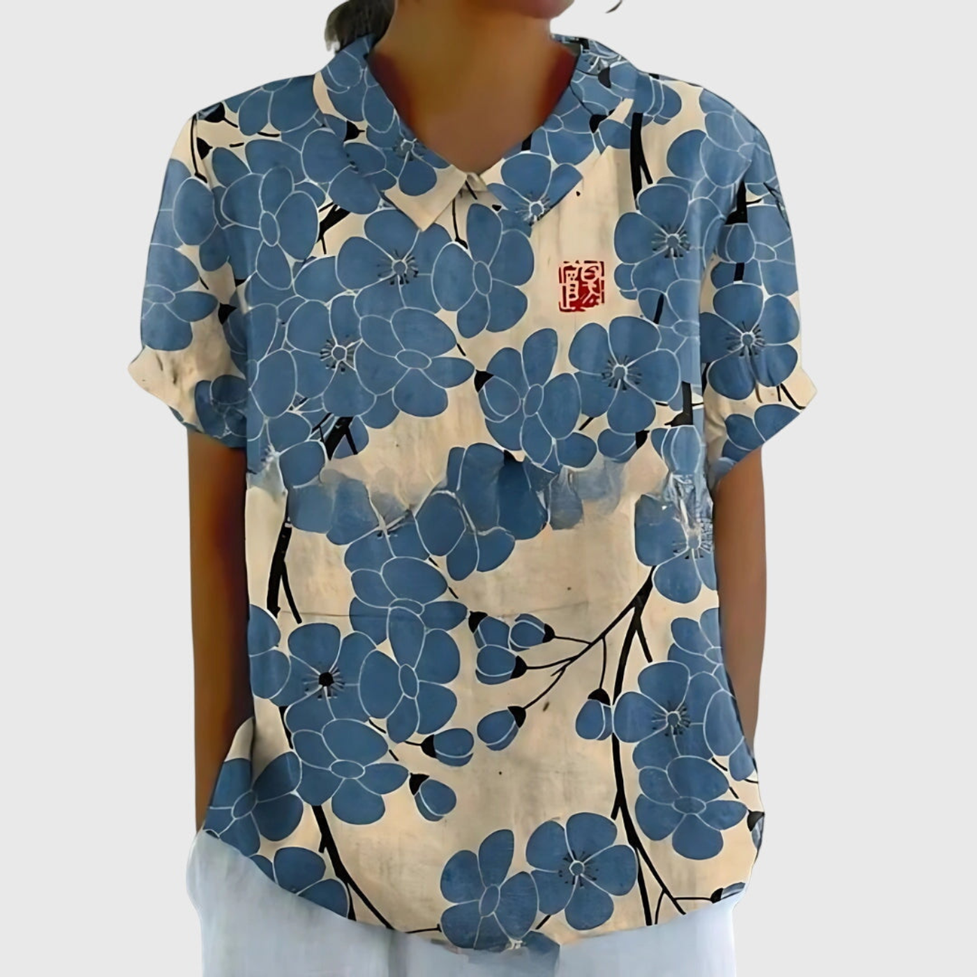 Women's Linen Floral Print Short Sleeve Collared Blouse | Casual Summer Top