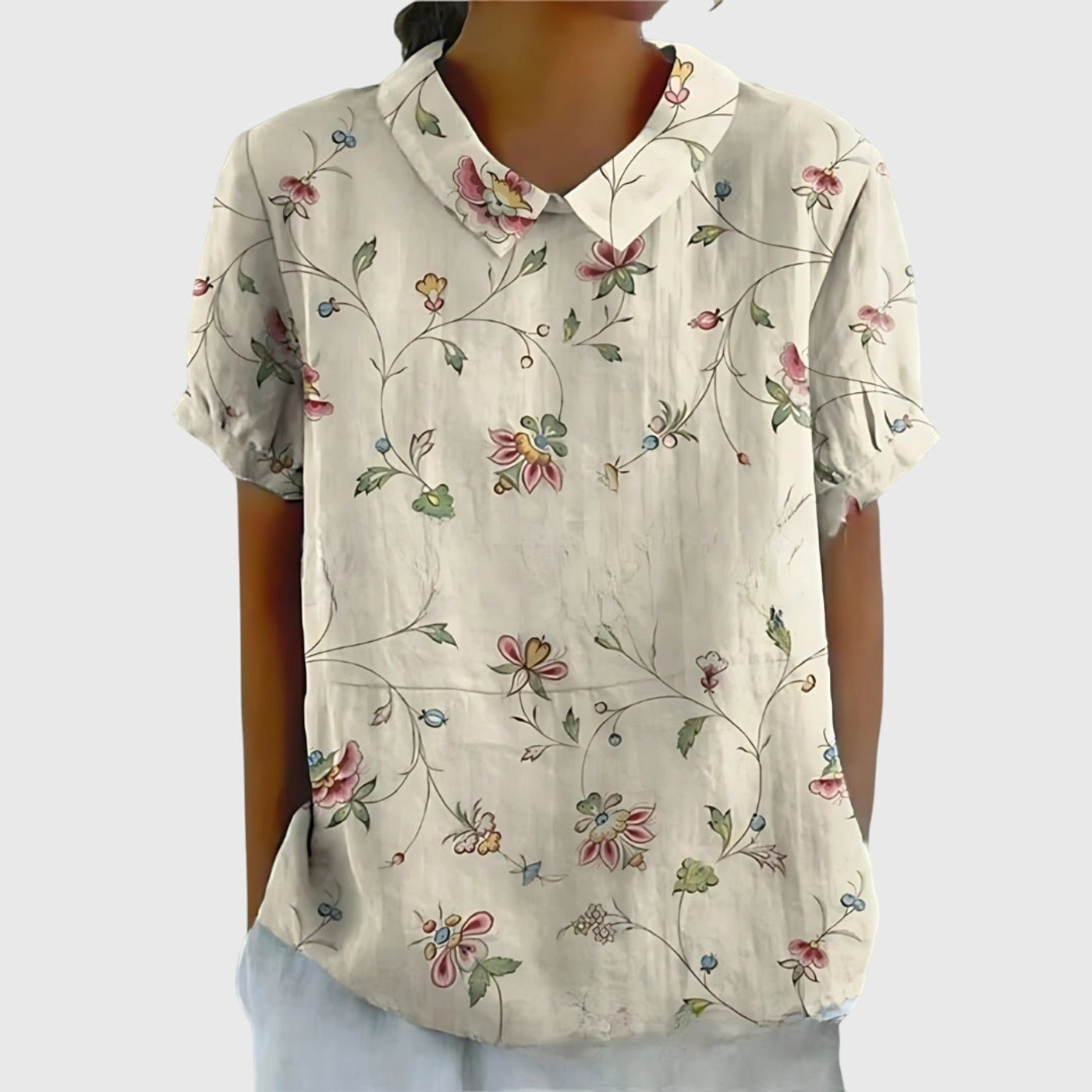 Women's Linen Floral Print Short Sleeve Collared Blouse | Casual Summer Top