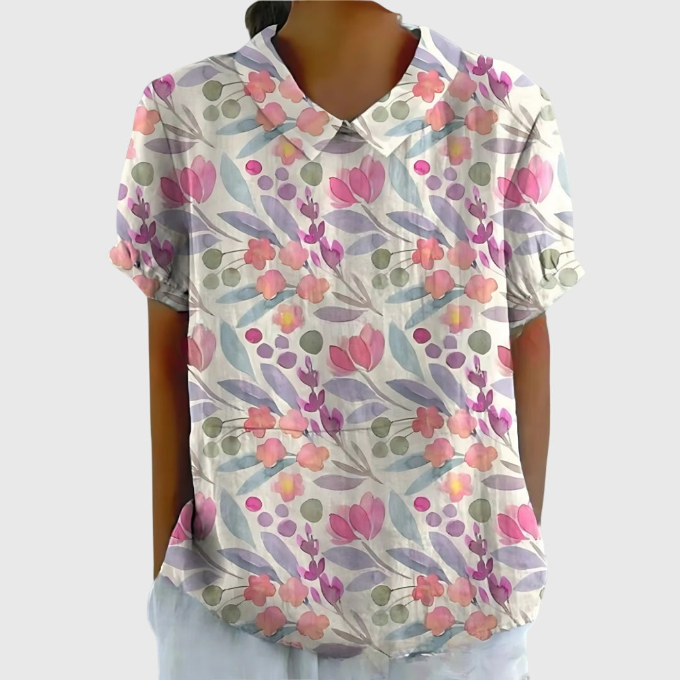 Women's Linen Floral Print Short Sleeve Collared Blouse | Casual Summer Top