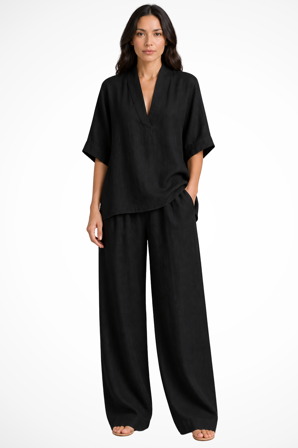 Women's Linen V-Neck Top and Wide-Leg Trousers Set | Casual Co-Ord Two-Piece