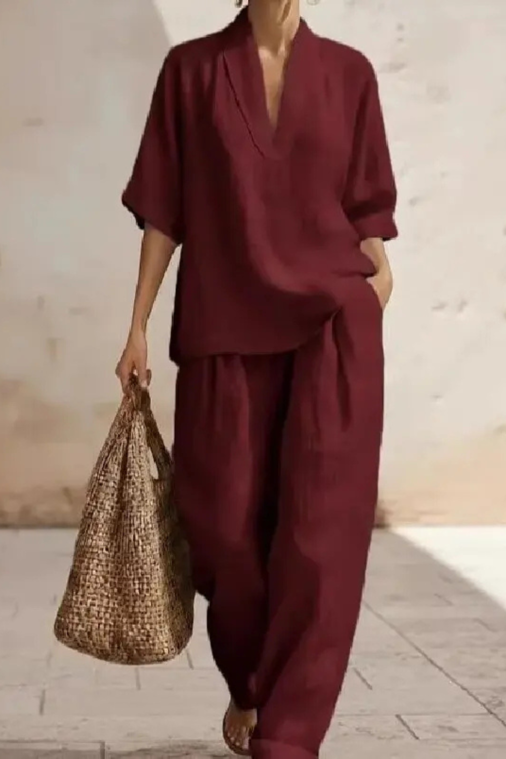 Women's Linen V-Neck Top and Wide-Leg Trousers Set | Casual Co-Ord Two-Piece