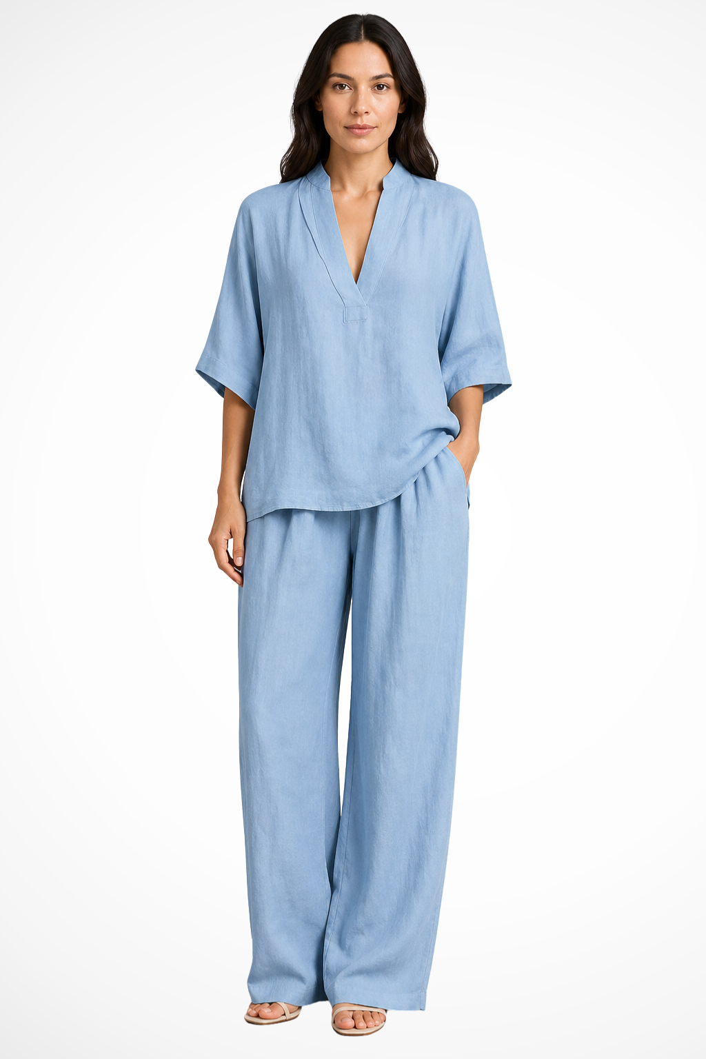 Women's Linen V-Neck Top and Wide-Leg Trousers Set | Casual Co-Ord Two-Piece