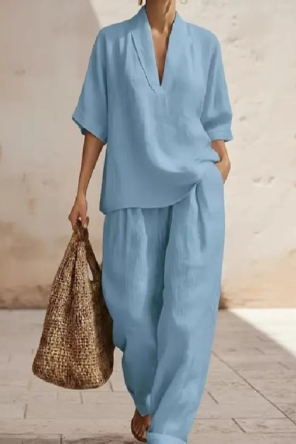 Women's Linen V-Neck Top and Wide-Leg Trousers Set | Casual Co-Ord Two-Piece