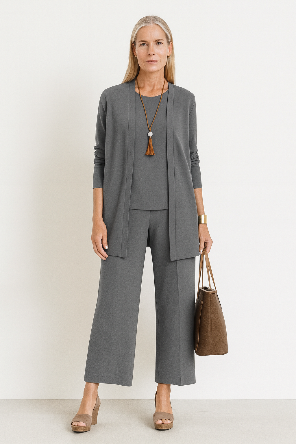 Women's Longline Cardigan & Wide Leg Pants Set | Elegant Two-Piece Suit