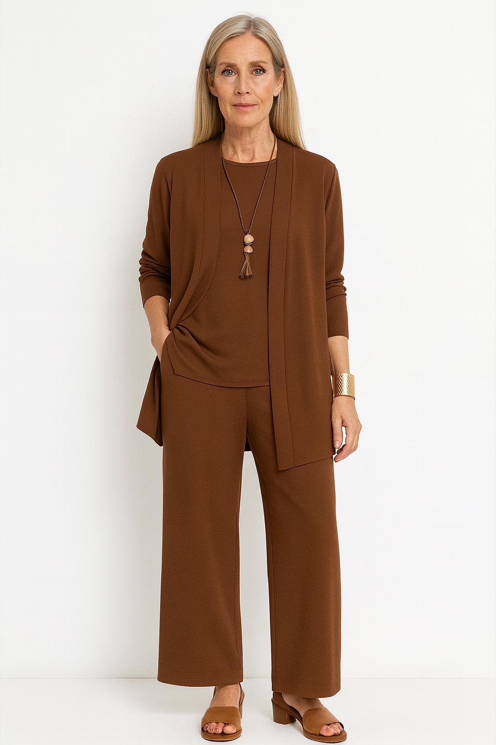 Women's Longline Cardigan & Wide Leg Pants Set | Elegant Two-Piece Suit