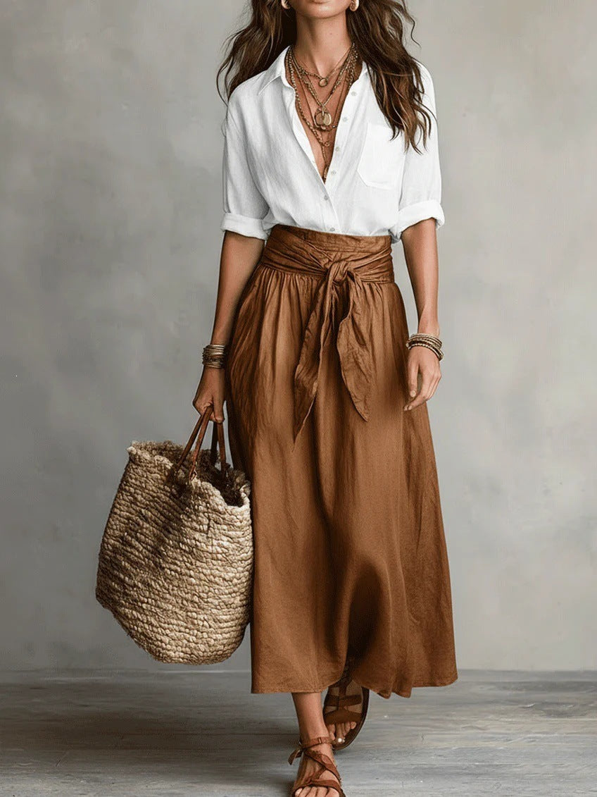 Women's long sleeve top and midi skirt set - detail view