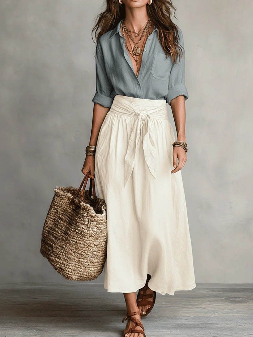 Women's long sleeve top and midi skirt set - full view