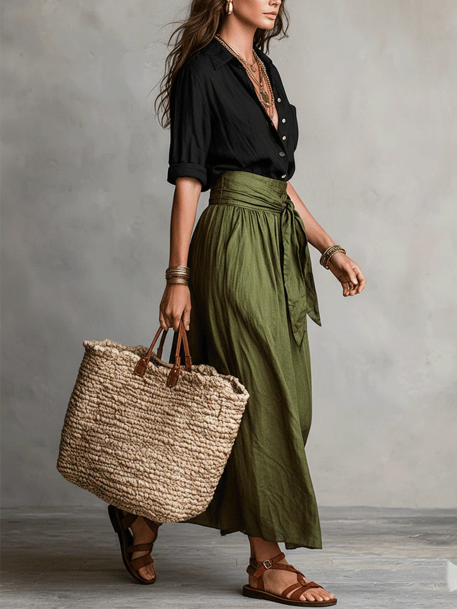 Women's long sleeve top and midi skirt set - Khaki Red color view