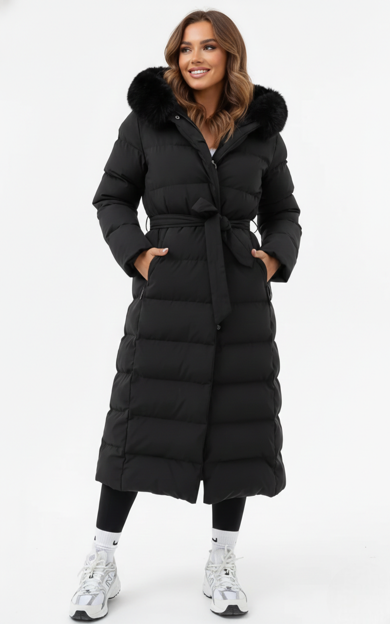 Women's Long Winter Coat | Faux Fur Collar with Adjustable Belt - photo 2