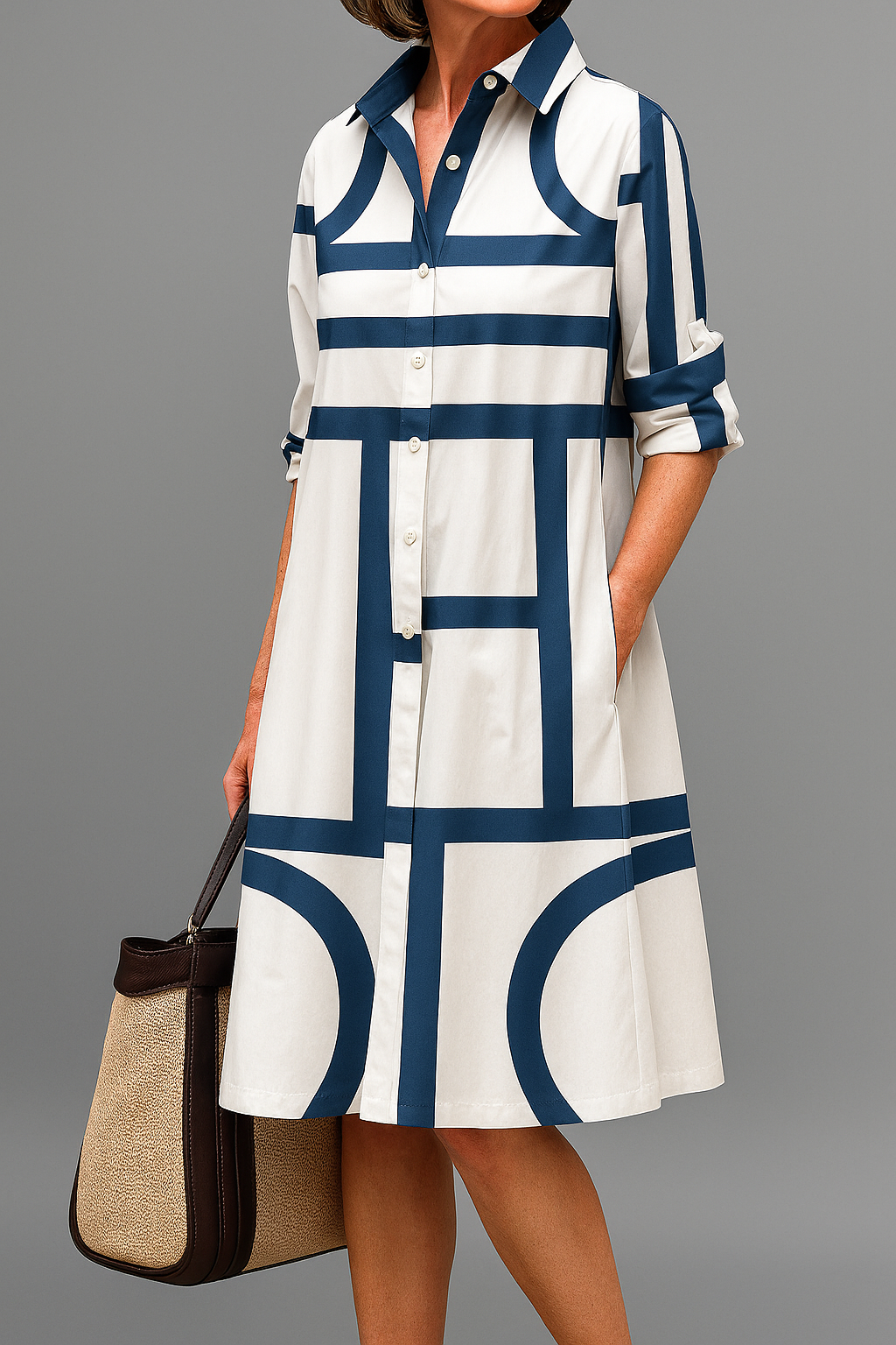 Women's short sleeve midi dress in White Blue - front view