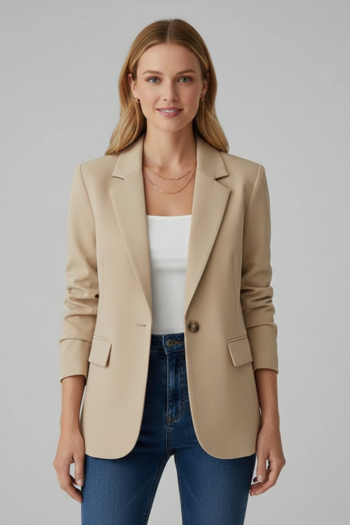 womens notched lapel long sleeve blazer | smart office jacket - close-up view
