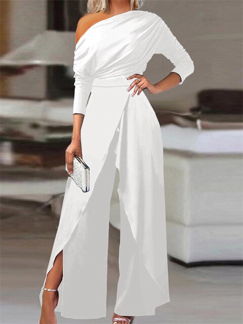 womens off shoulder wide leg jumpsuit | elegant formal one-piece - front view