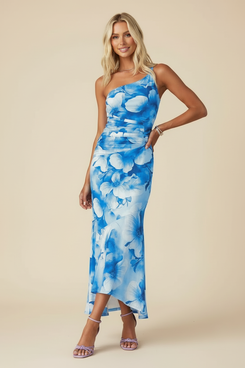 Women's One Shoulder Asymmetric Midi Dress | Elegant Evening Dress