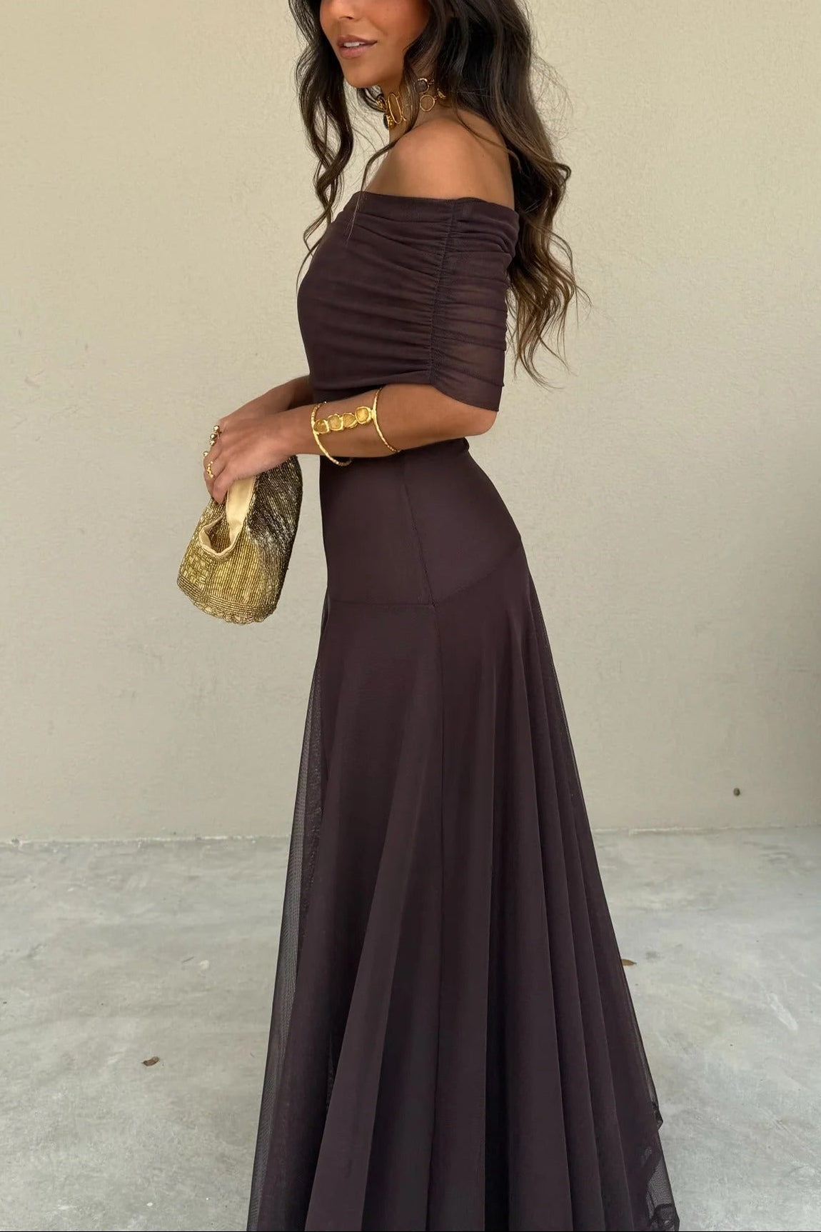 Women's One-Shoulder Mesh Maxi Dress | Romantic Draped Summer Evening Dress