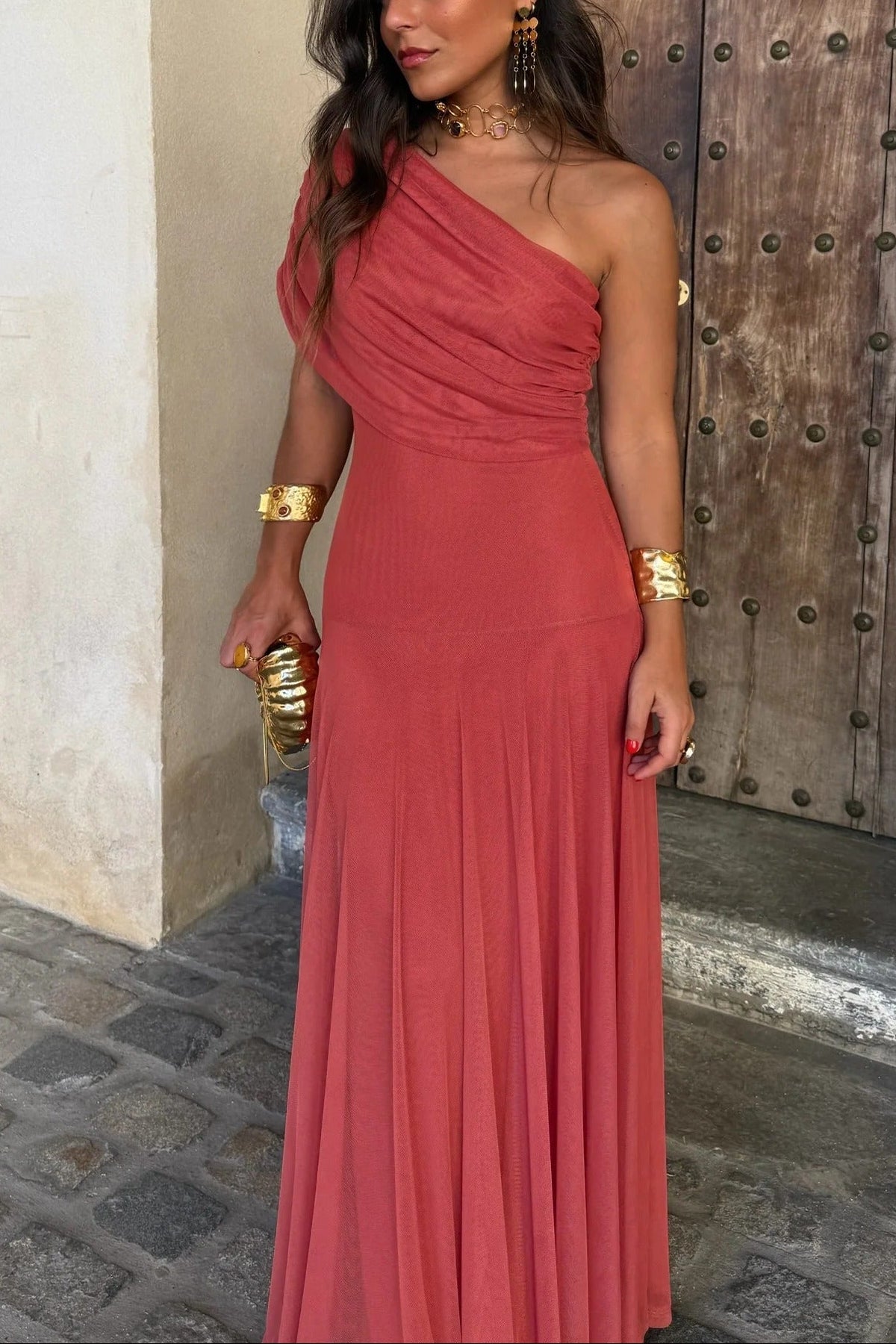 Women's One-Shoulder Mesh Maxi Dress | Romantic Draped Summer Evening Dress