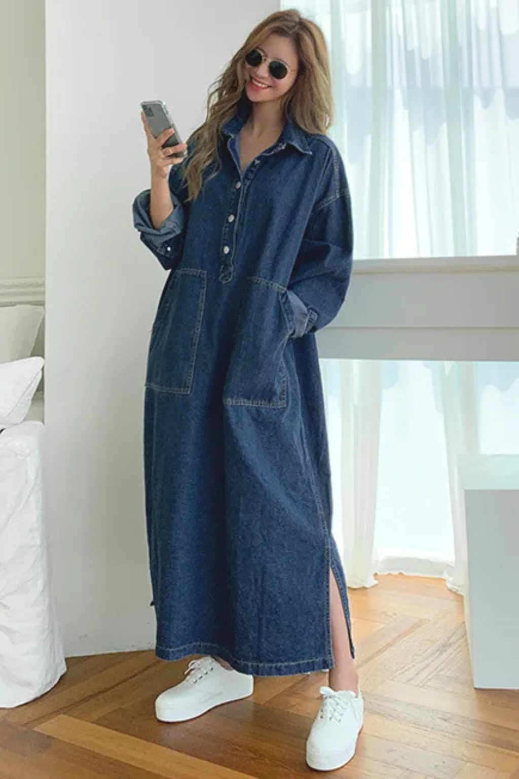 Women's Oversized Collared Denim Maxi Dress | Long Sleeve with Front Pockets