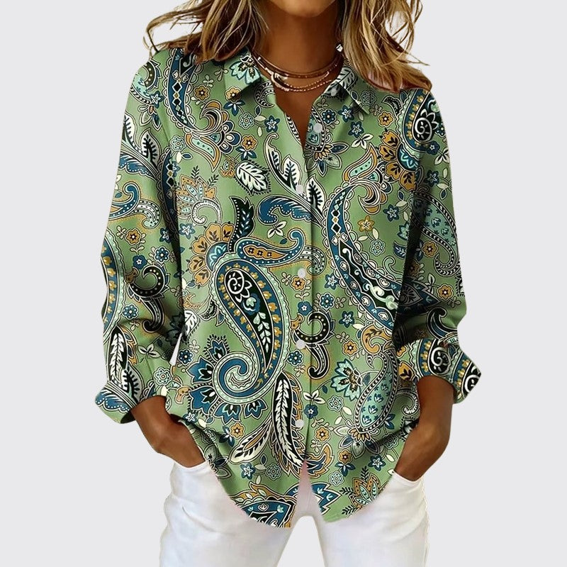 women's paisley print button-up blouse - back view