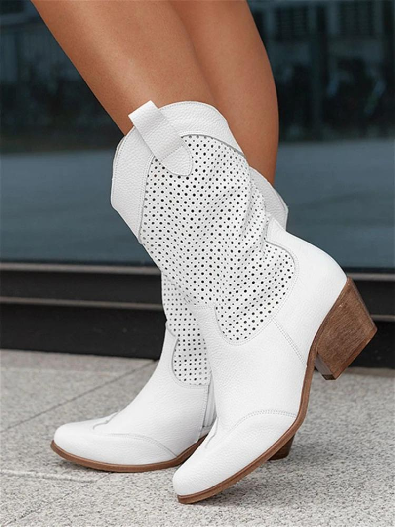 Women's Perforated Western Mid-Calf Boots | Block Heel Side Zip
