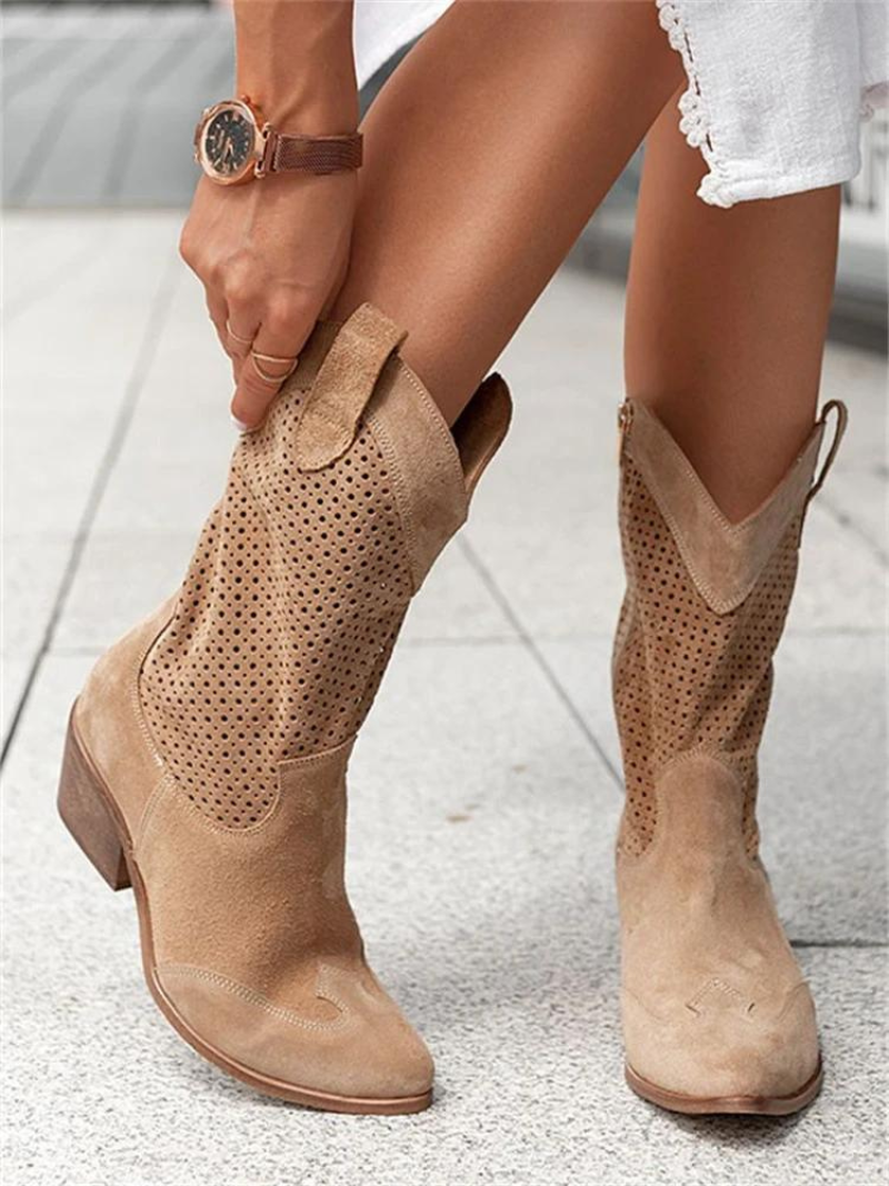 Women's Perforated Western Mid-Calf Boots | Block Heel Side Zip