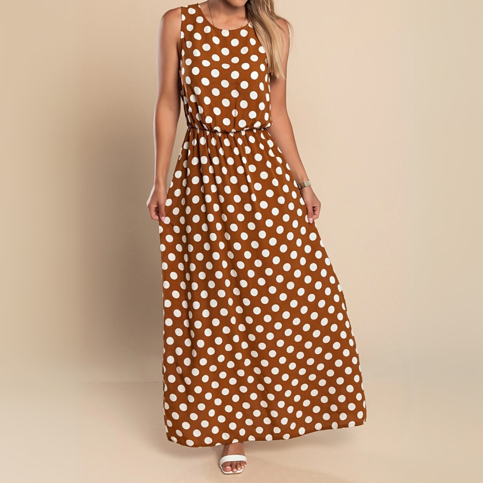 Women's Polka Dot Sleeveless Scoop Neck Belted Flowy Maxi Dress Summer Casual
