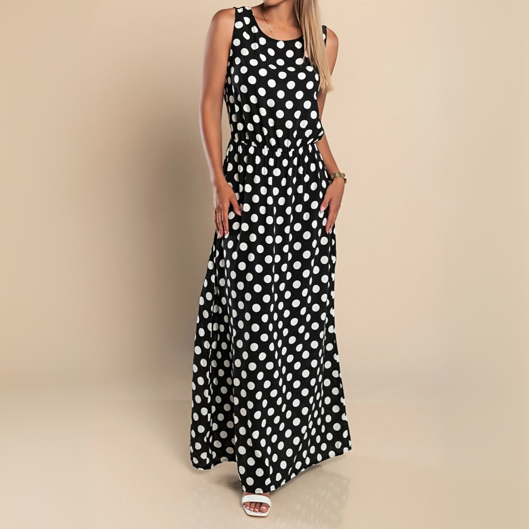 Women's Polka Dot Sleeveless Scoop Neck Belted Flowy Maxi Dress Summer Casual