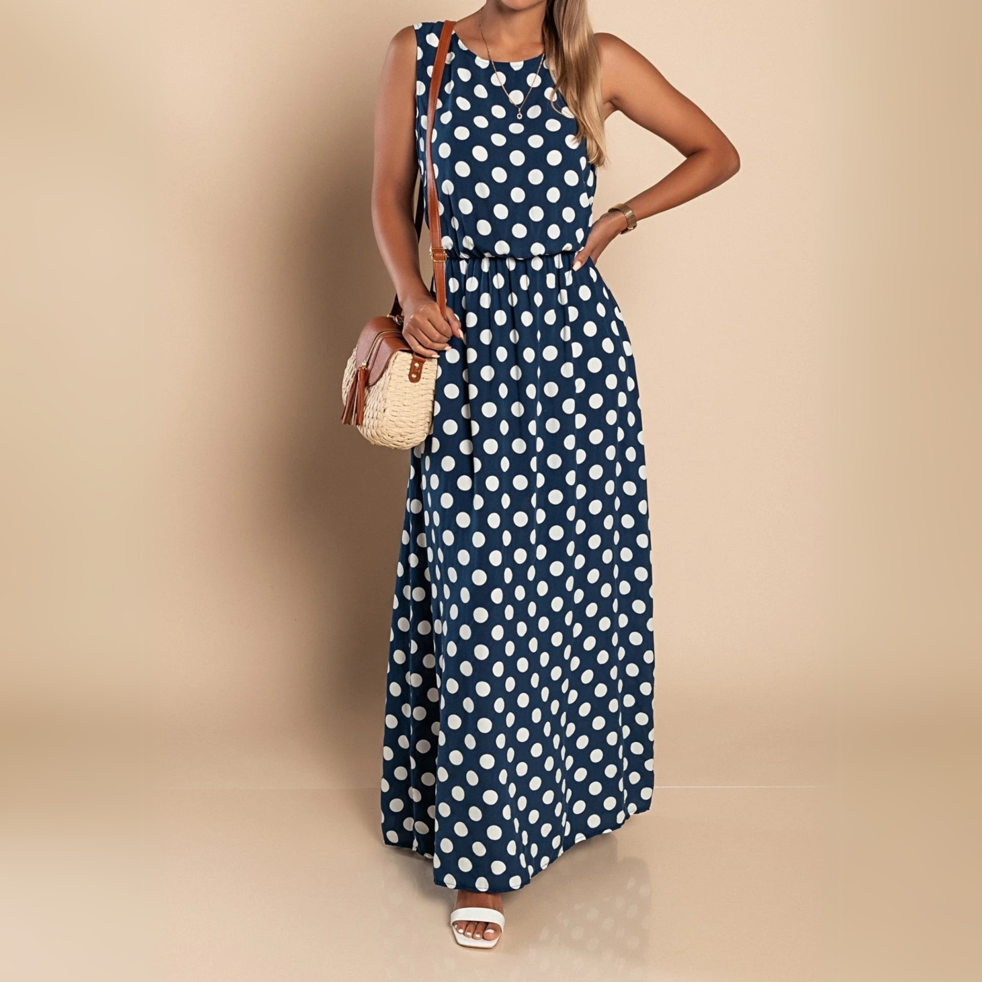Women's Polka Dot Sleeveless Scoop Neck Belted Flowy Maxi Dress Summer Casual