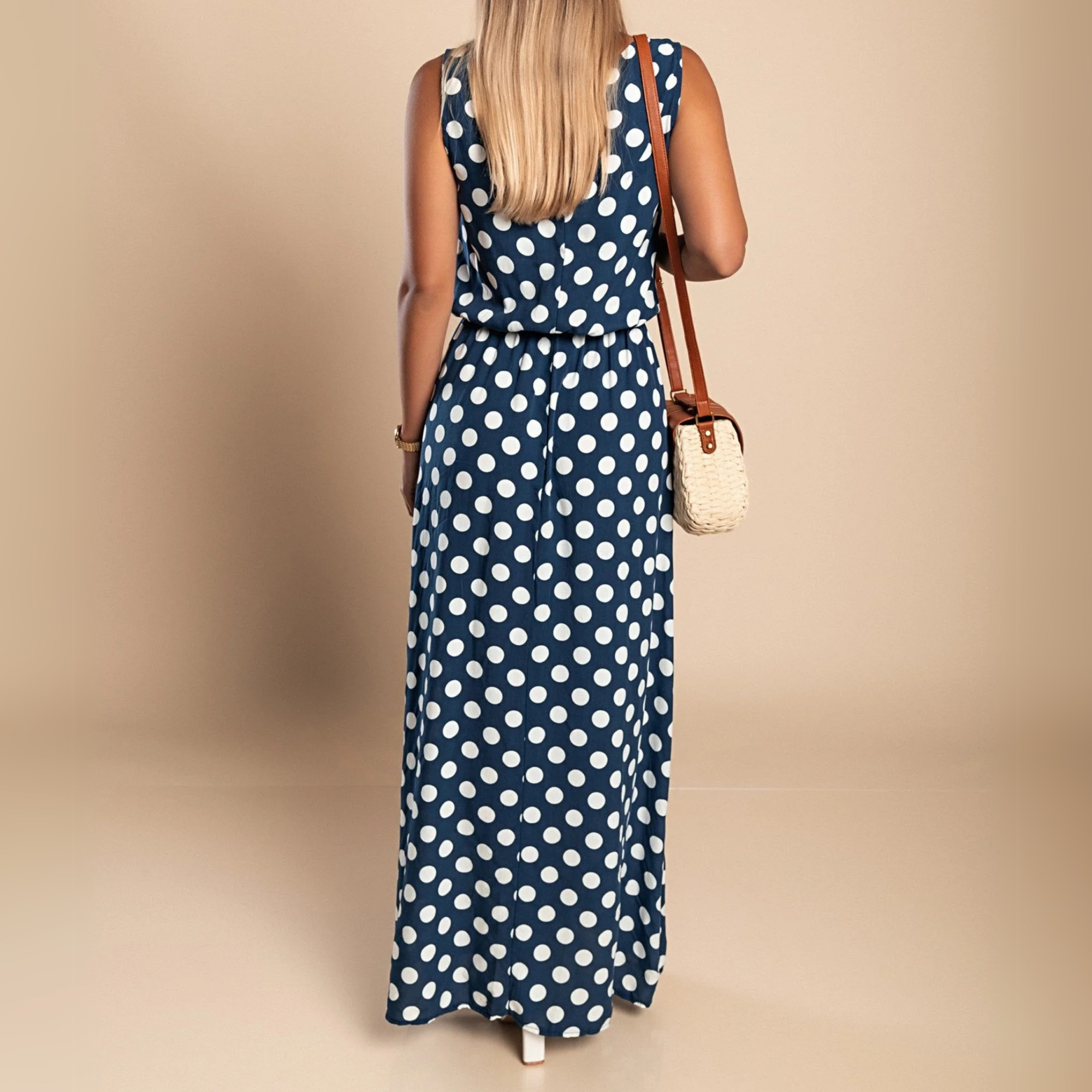 Women's Polka Dot Sleeveless Scoop Neck Belted Flowy Maxi Dress Summer Casual