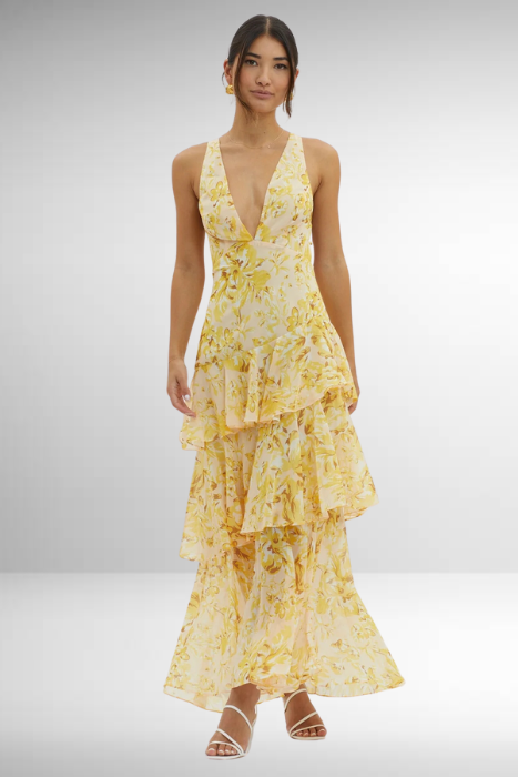 Women's Green Printed V Neck Ruffle Tiered Maxi Wedding Guest Dress