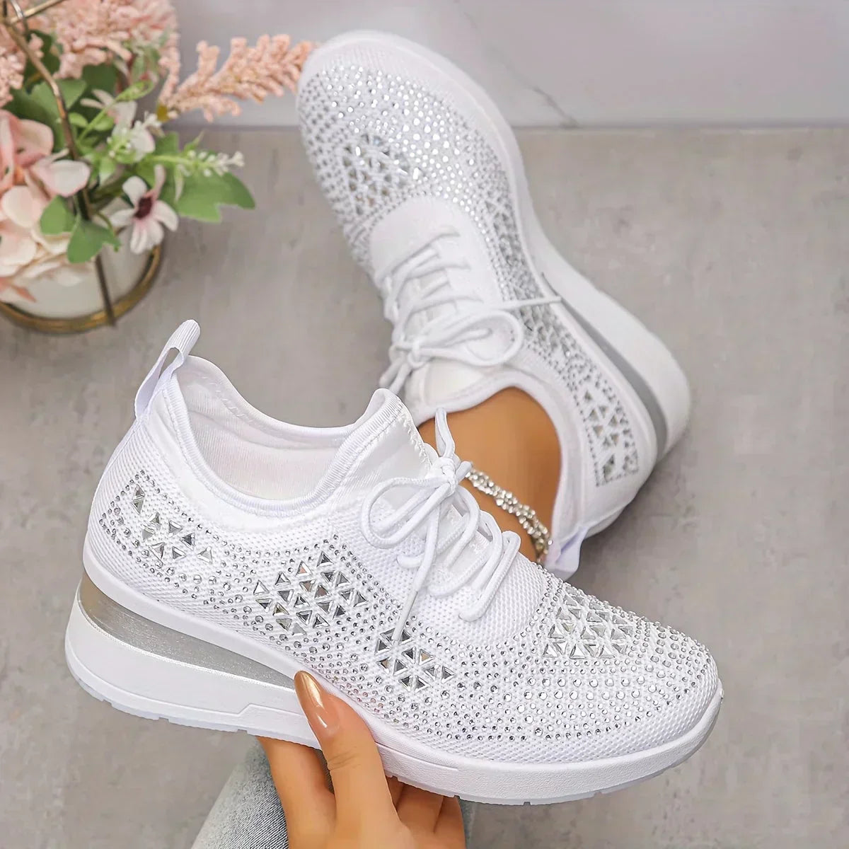 Women's Rhinestone Detail Mesh Trainers | Elegant Cushioned Sneakers