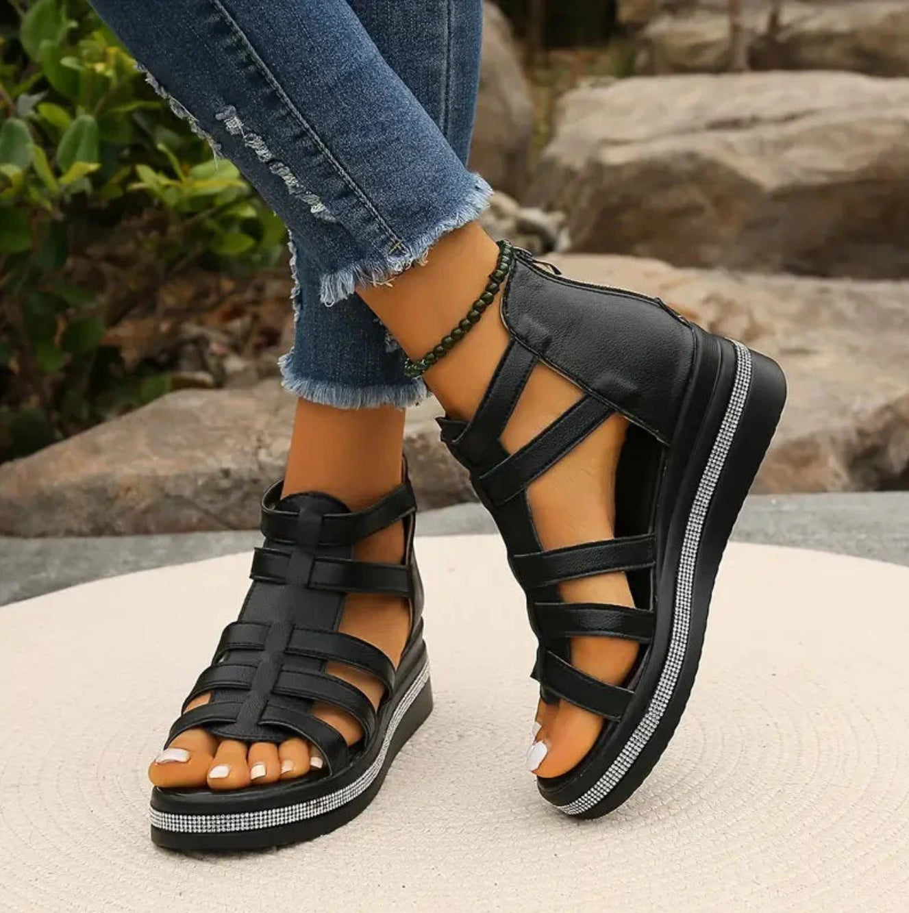 Women's rhinestone embellished wedge sandals strap occasion heels