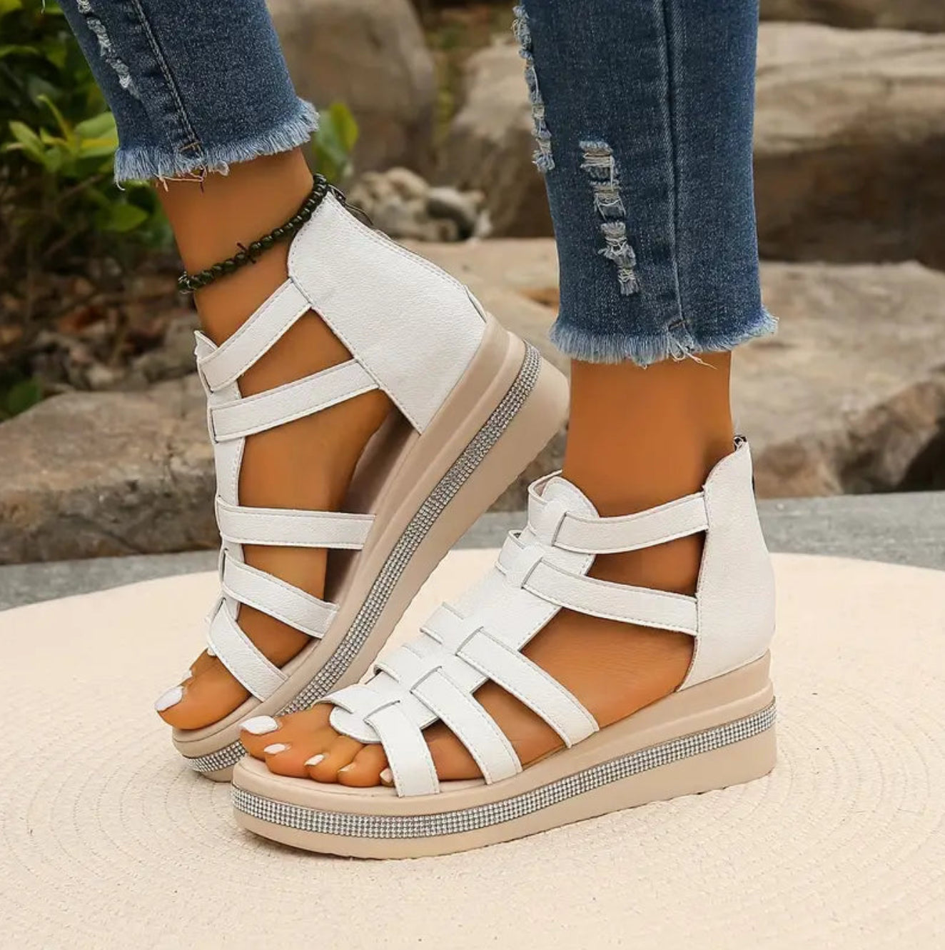 Women's rhinestone embellished wedge sandals - black