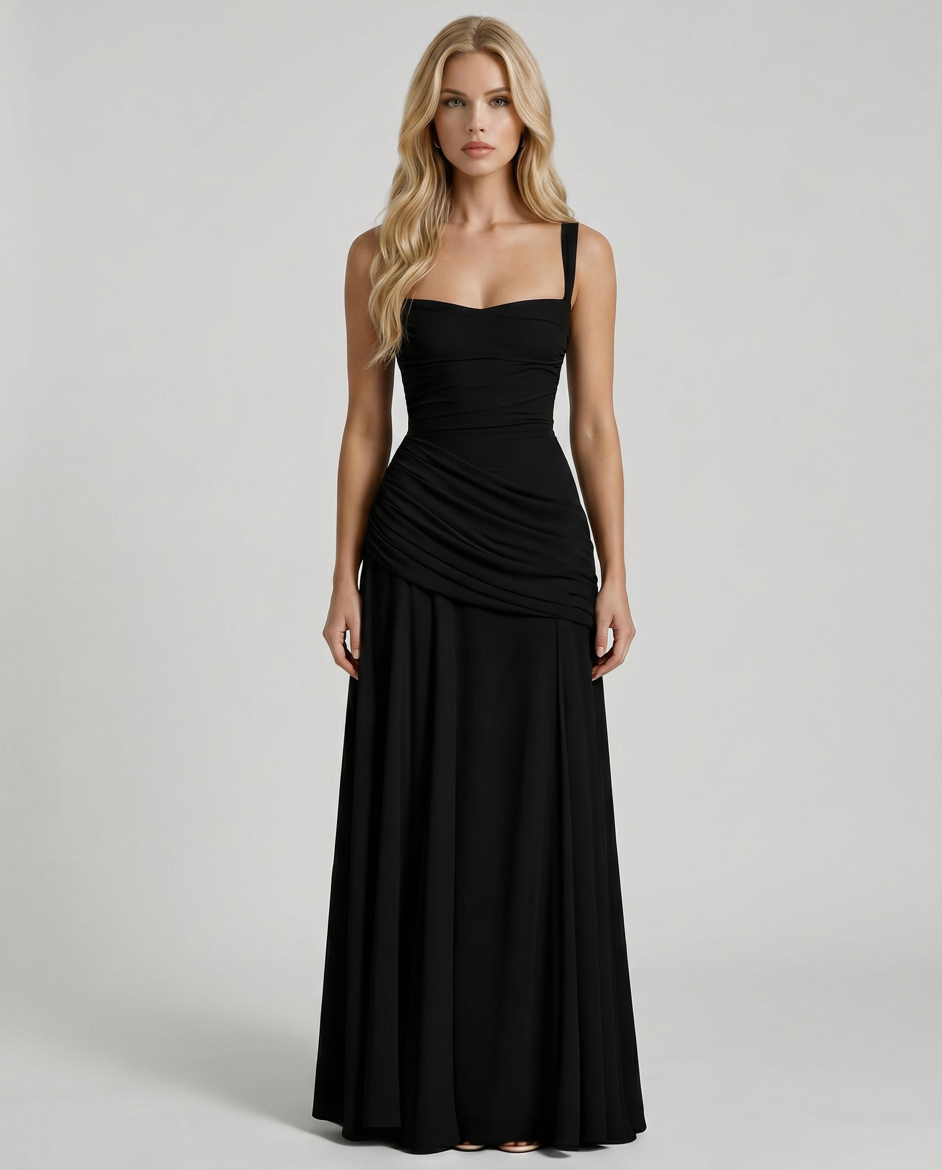 Women's Ruched Square Neck Maxi Dress | Black Formal Evening Dress