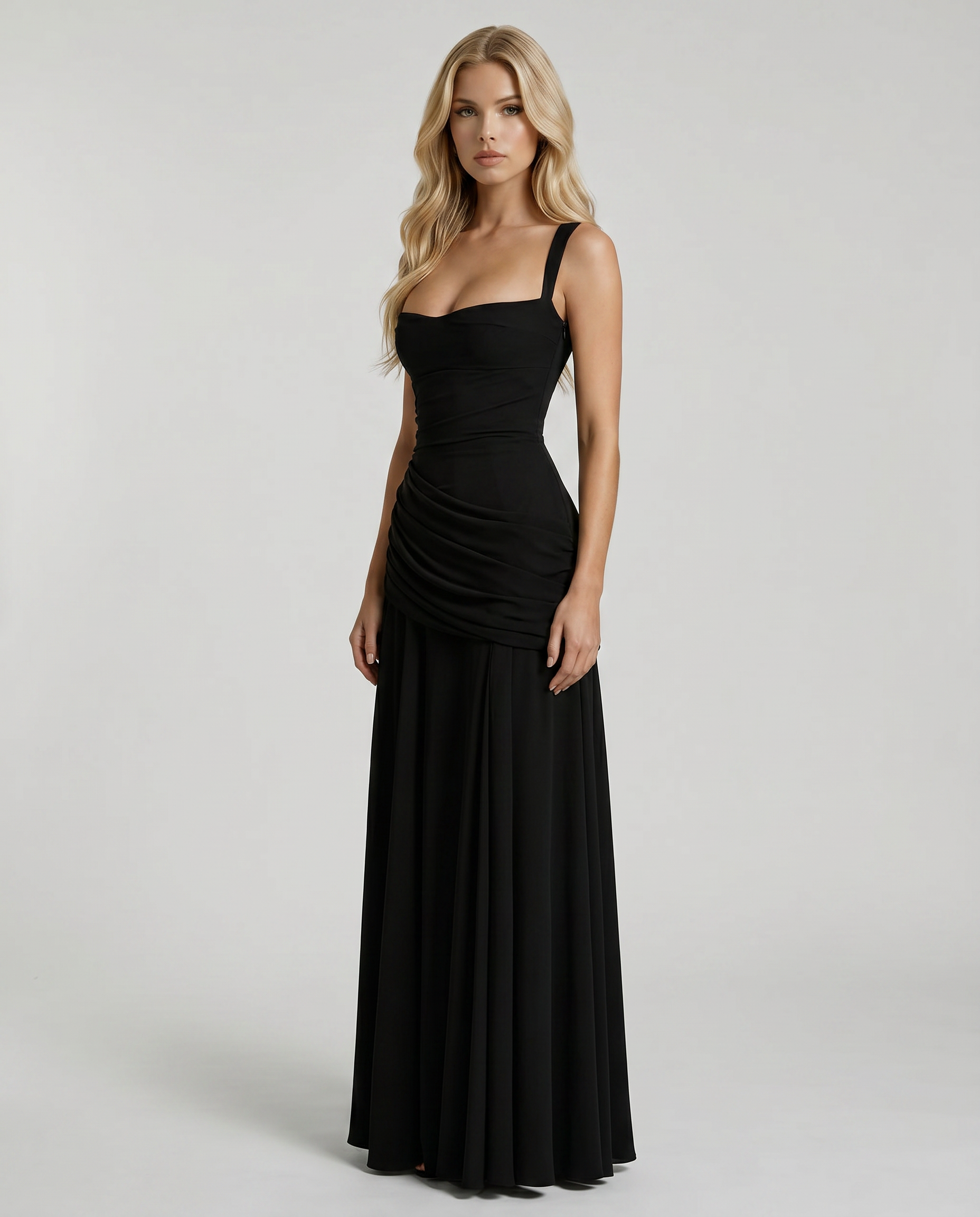 Women's Ruched Square Neck Maxi Dress | Black Formal Evening Dress