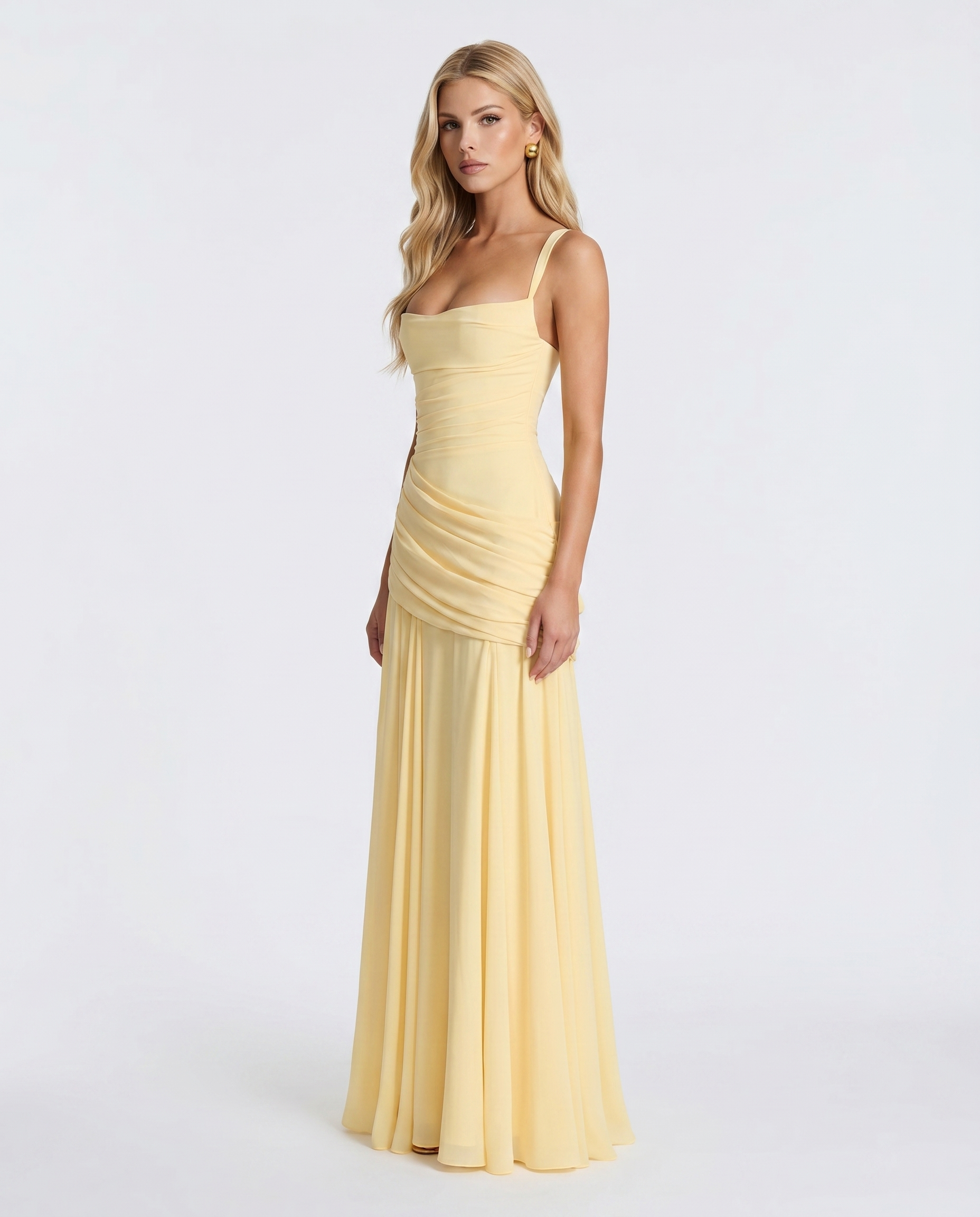 Women's Ruched Square Neck Maxi Dress | Yellow Formal Evening Dress