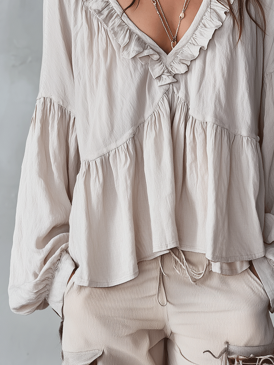 Women's ruffle sleeve bohemian blouse - Red color view